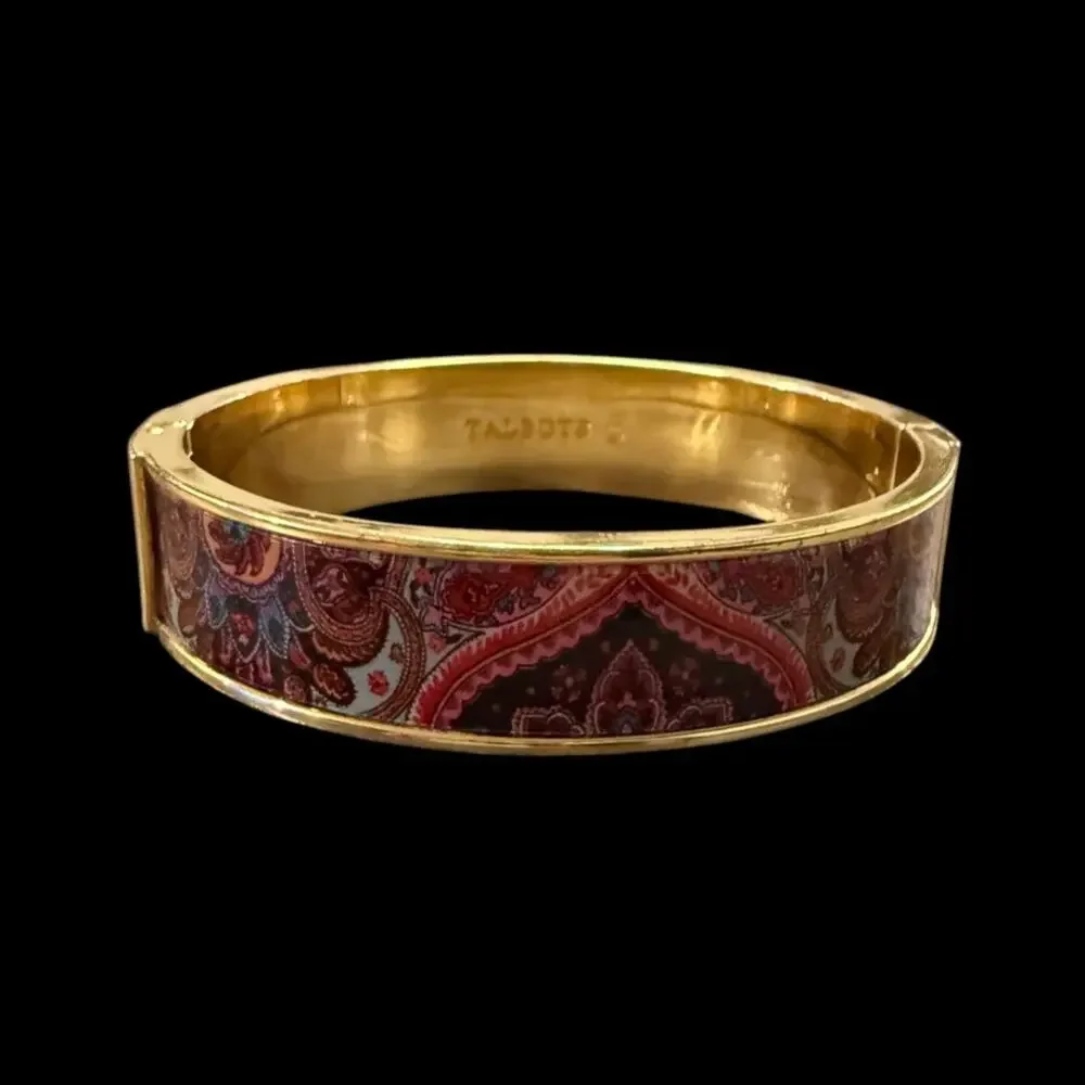 Talbots Paisley Enamel Gold Tone Hinged Bangle Bracelet Boho Chic